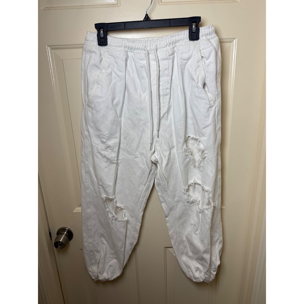 Free People White Distressed Cotton Jogger Pants Medium Drawstring Tapered Leg